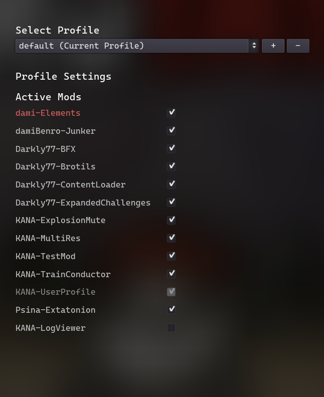 Screenshot of the User Profile UI Mod, showing a list of mods with a checkbox to enable or disable each mod.