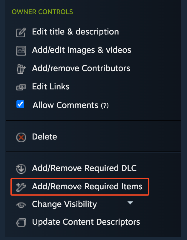 A screenshot highlighting the "required items" button in the steam workshop sidebar owner controls