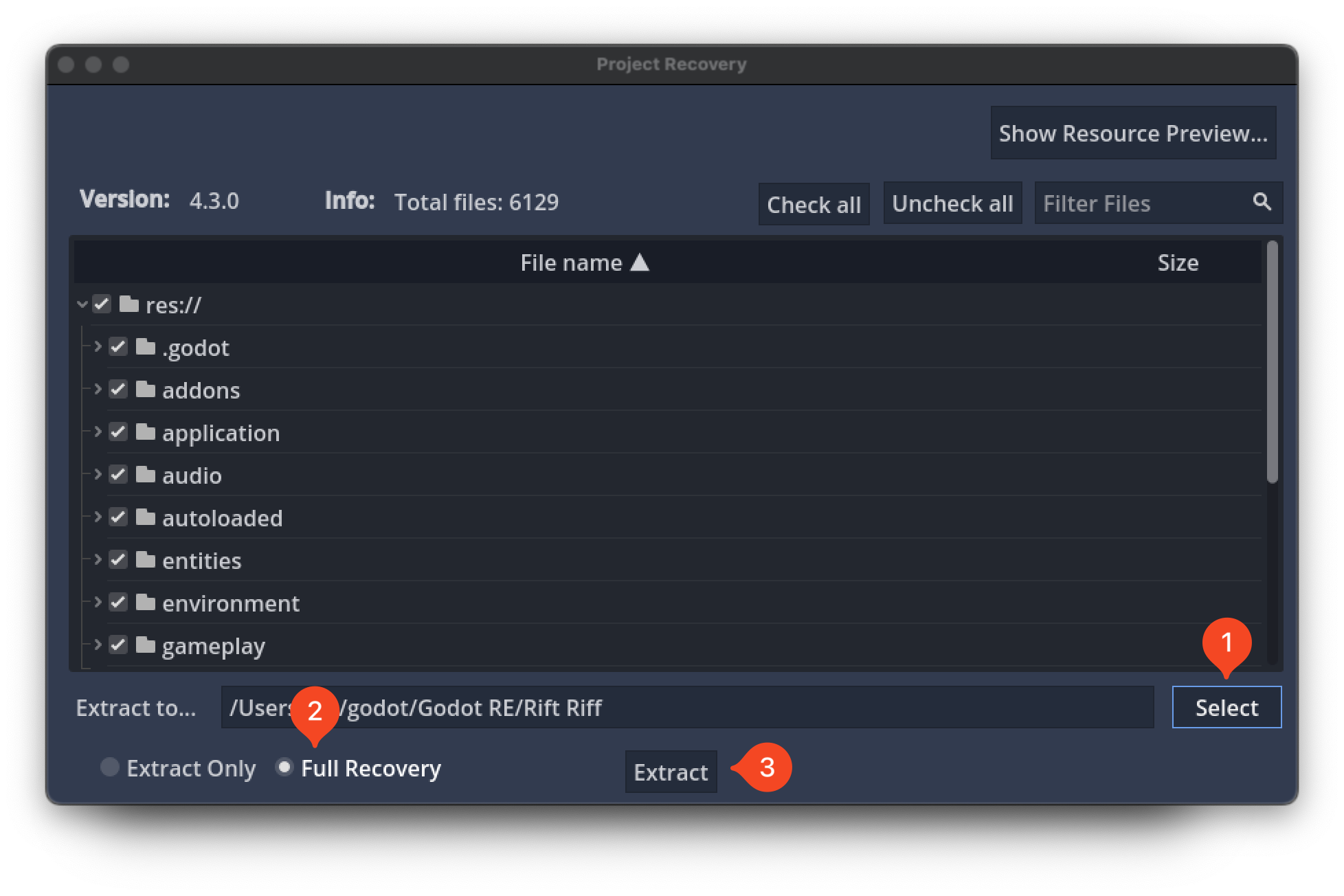 gdre extract window, showing an overview of the extracted files and choosing the output location in the bottom right